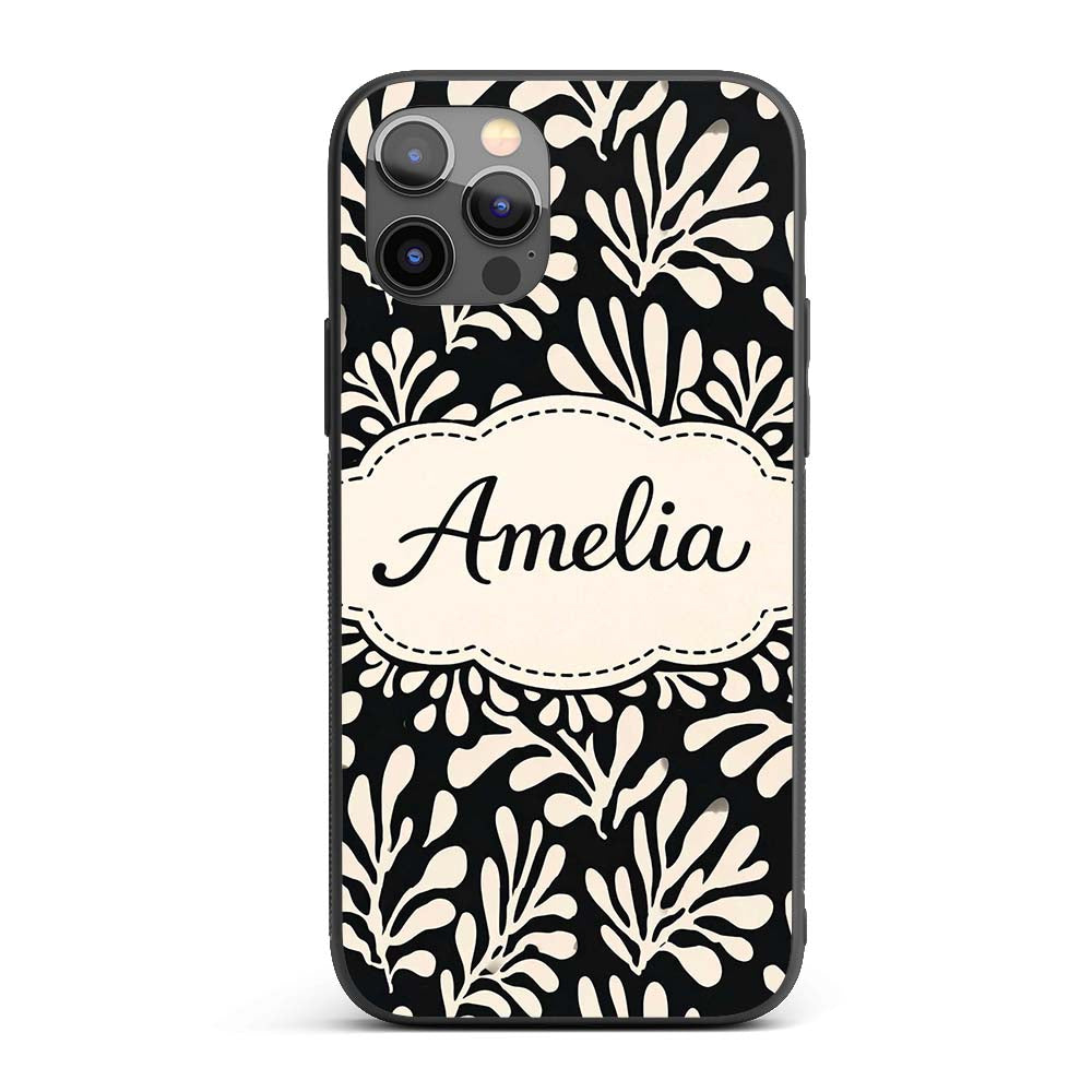 Botanical Leaf Silhouettes Black Cream Organic Custom Name Protective Phone Case Mobile Cover Durable Everyday Smartphone Shock Resistant