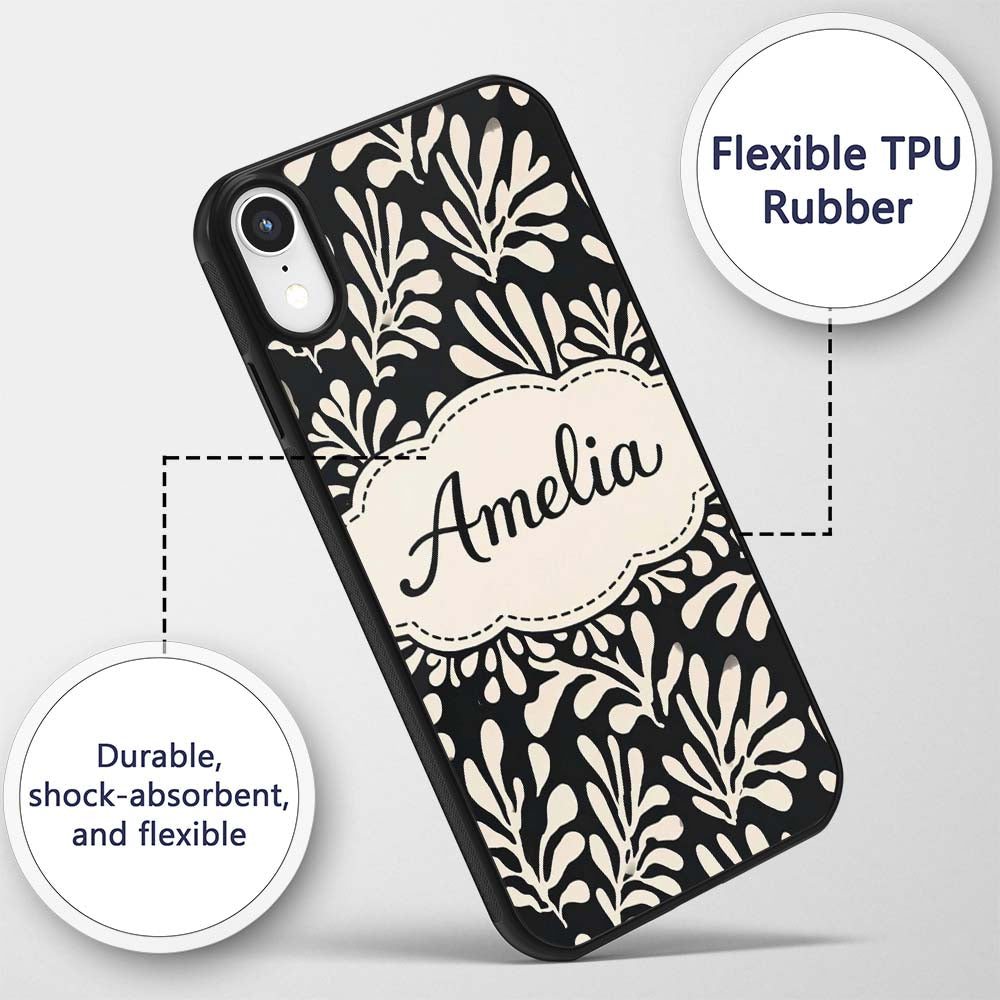 Botanical Leaf Silhouettes Black Cream Organic Custom Name Protective Phone Case Mobile Cover Durable Everyday Smartphone Shock Resistant