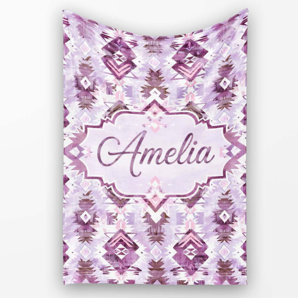 Purple and Lilac Tribal Aztec Geometric Seamless Pattern Lovely Personalised Custom Name Super Soft Fleece Blanket Bed Sofa Throw