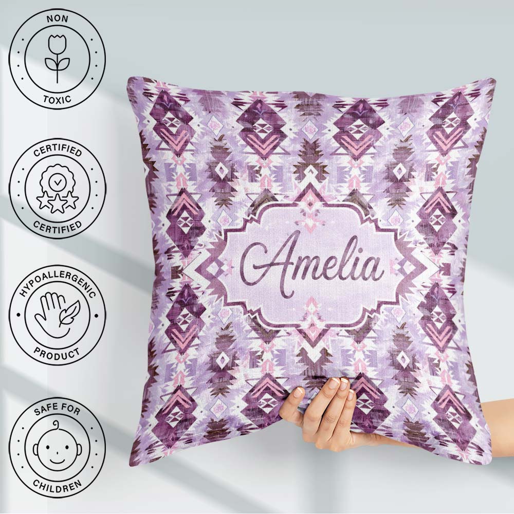 Custom Name Purple Lilac Tribal Aztec Geometric Seamless Pattern Square Filled Cushion Throw Pillow Sofa Bed Home Decor Zip Washable UK Made
