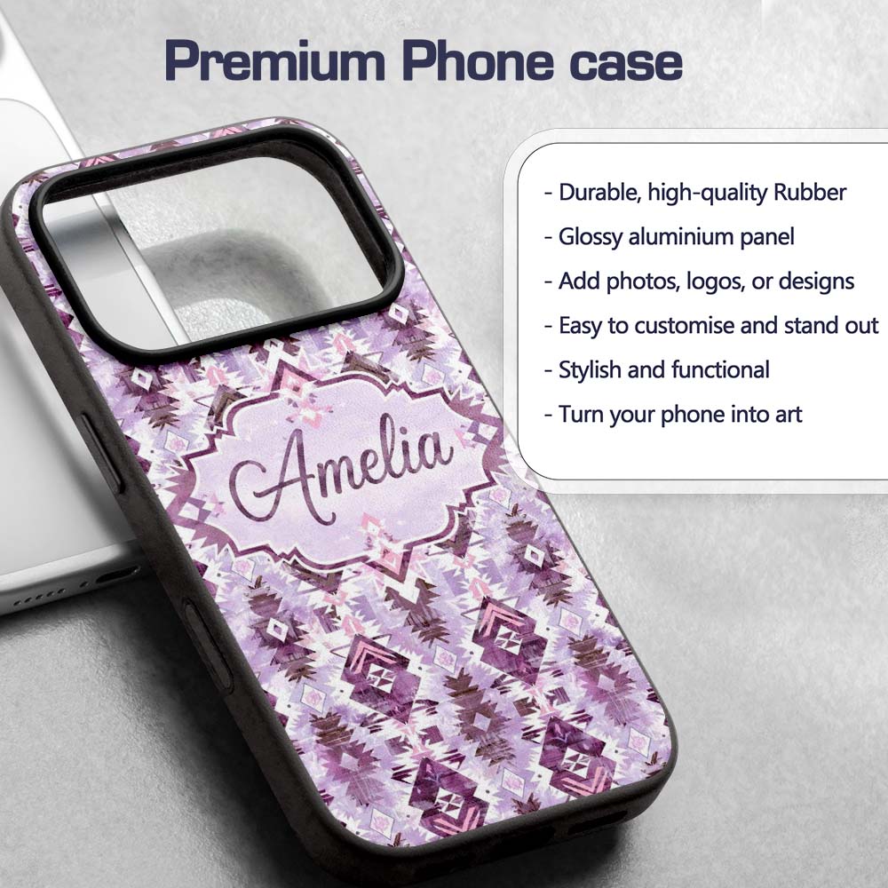 Purple and Lilac Tribal Aztec Geometric Seamless Custom Name Protective Phone Case Mobile Cover Durable Everyday Smartphone Shock Resistant