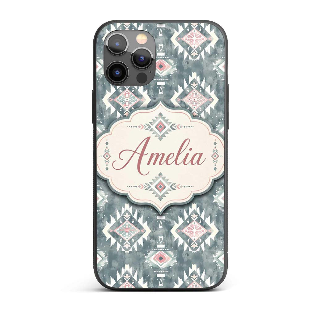 Soft Grey and Pink Boho Tribal Seamless Pattern Custom Name Protective Phone Case Mobile Cover Durable Everyday Smartphone Shock Resistant