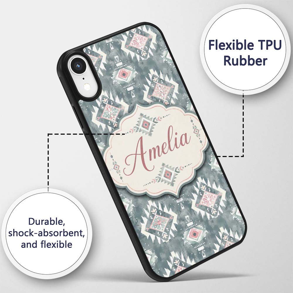 Soft Grey and Pink Boho Tribal Seamless Pattern Custom Name Protective Phone Case Mobile Cover Durable Everyday Smartphone Shock Resistant