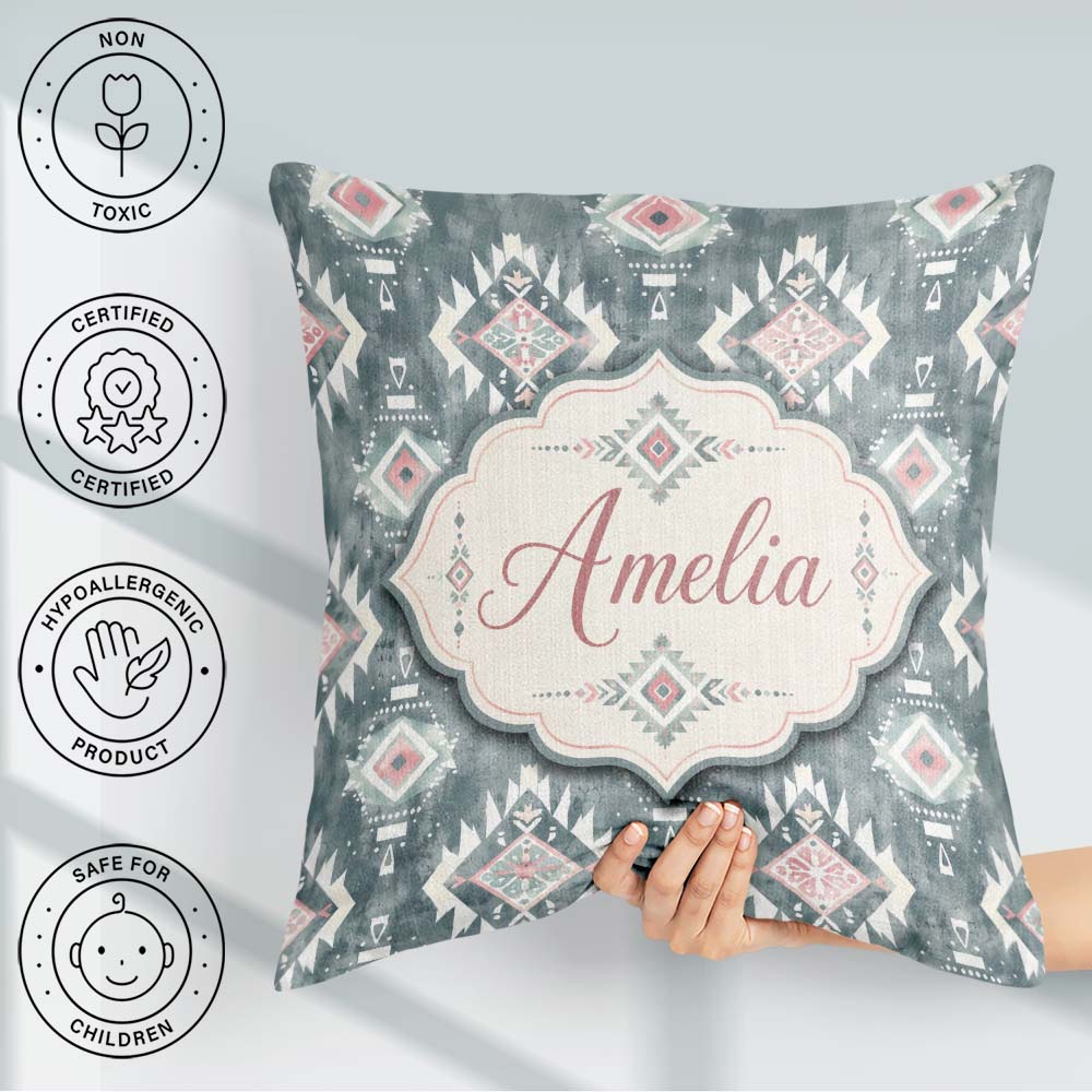 Custom Name Soft Grey and Pink Boho Tribal Seamless Pattern for Square Filled Cushion Throw Pillow Sofa Bed Home Decor Zip Washable UK Made