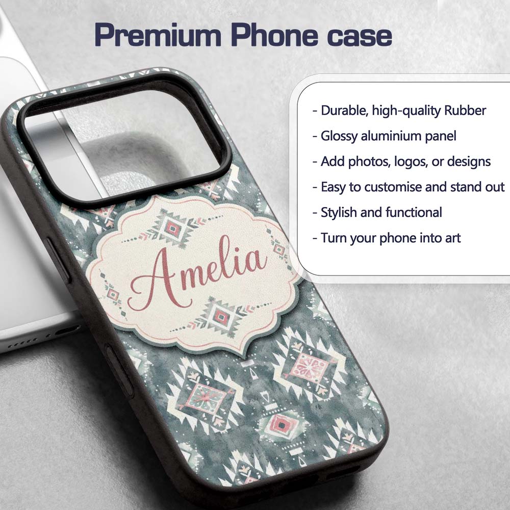 Soft Grey and Pink Boho Tribal Seamless Pattern Custom Name Protective Phone Case Mobile Cover Durable Everyday Smartphone Shock Resistant
