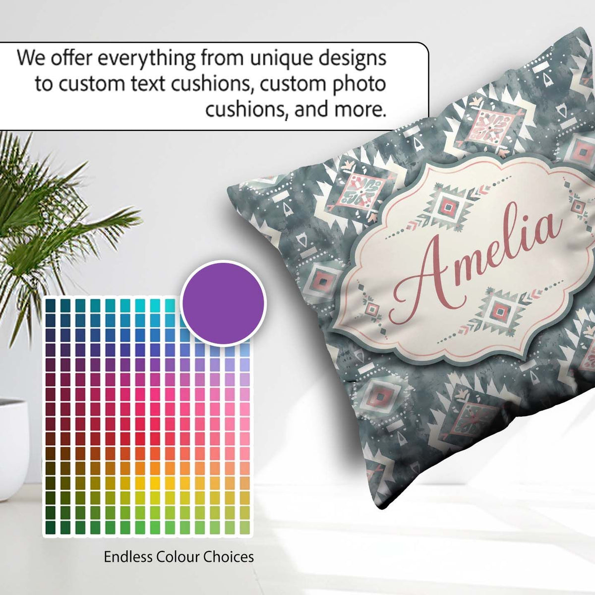 Custom Name Soft Grey and Pink Boho Tribal Seamless Pattern for Square Filled Cushion Throw Pillow Sofa Bed Home Decor Zip Washable UK Made