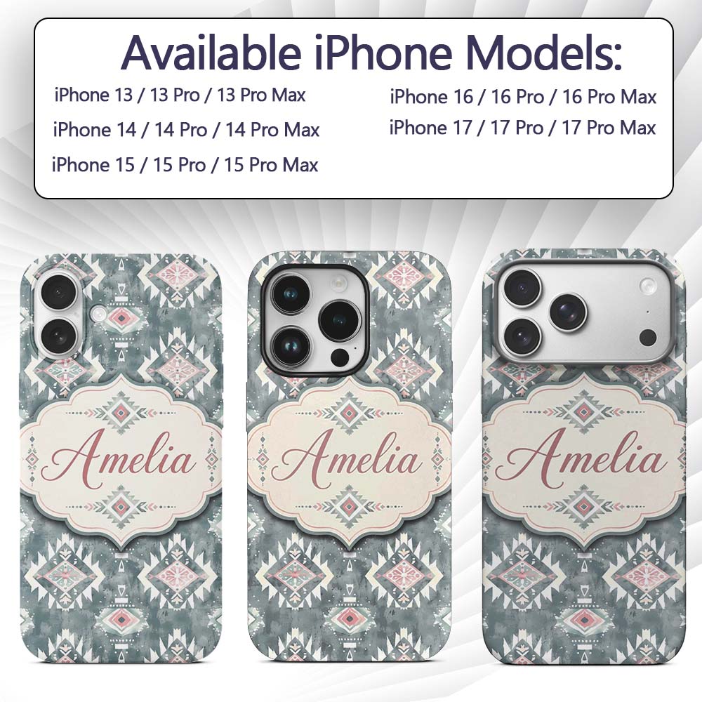 Soft Grey and Pink Boho Tribal Seamless Pattern Custom Name Protective Phone Case Mobile Cover Durable Everyday Smartphone Shock Resistant