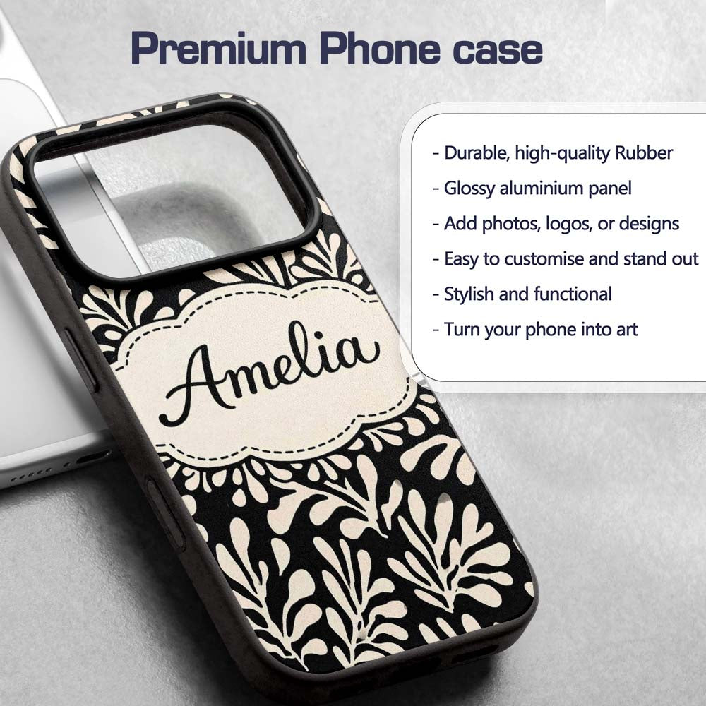 Botanical Leaf Silhouettes Black Cream Organic Custom Name Protective Phone Case Mobile Cover Durable Everyday Smartphone Shock Resistant