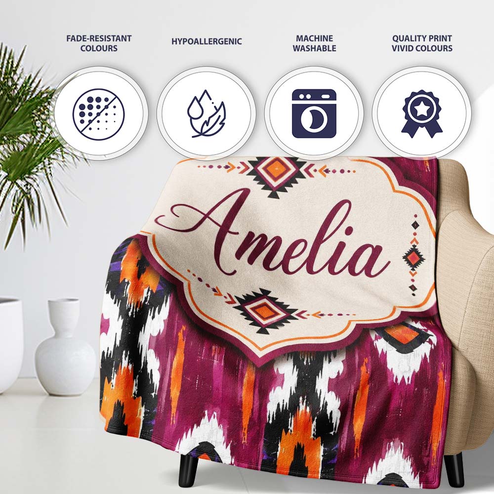 Bold Magenta and Orange Abstract Tribal Seamless Pattern Lovely Personalised Custom Name Super Soft Fleece Blanket Bed Sofa Throw