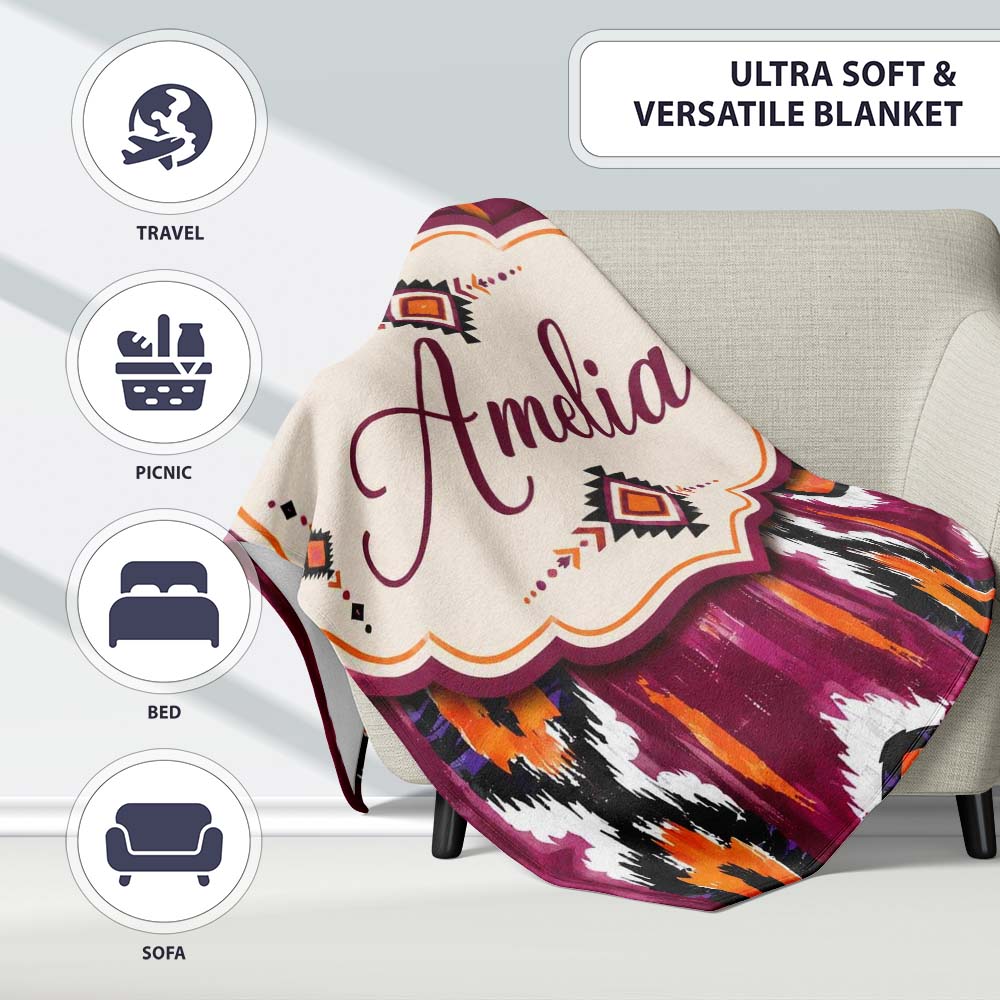 Bold Magenta and Orange Abstract Tribal Seamless Pattern Lovely Personalised Custom Name Super Soft Fleece Blanket Bed Sofa Throw