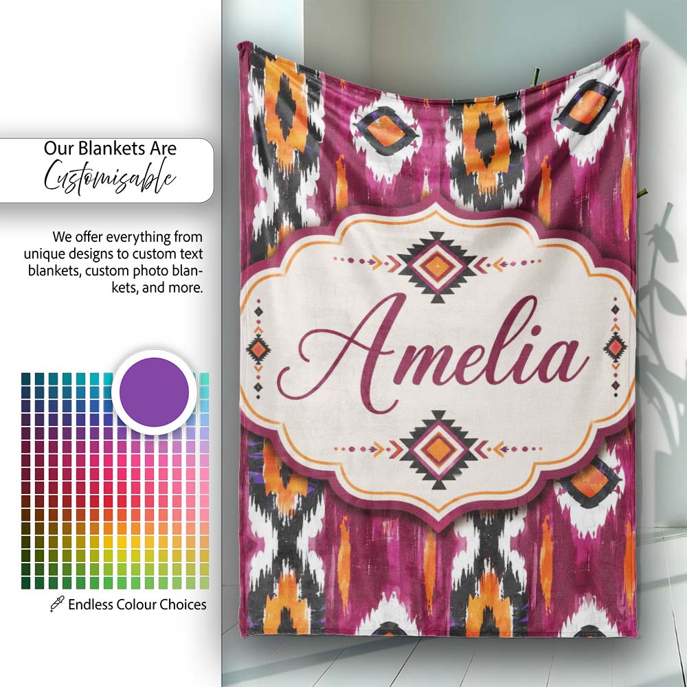 Bold Magenta and Orange Abstract Tribal Seamless Pattern Lovely Personalised Custom Name Super Soft Fleece Blanket Bed Sofa Throw