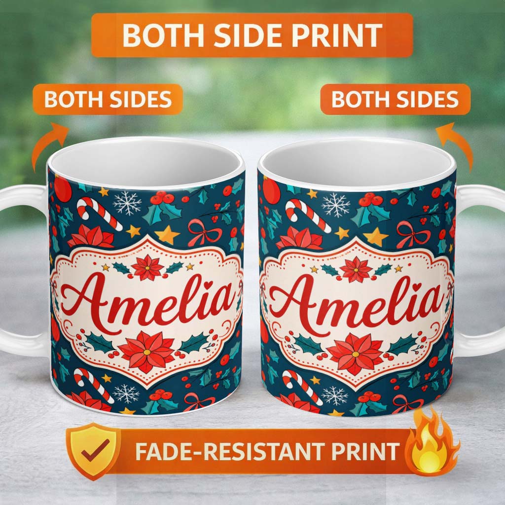Personalized Custom Name Cute Poinsettia Candy Cane Star Seamless Pattern Festive Floral 11oz Ceramic Coffee Tea Mug White Large Handle