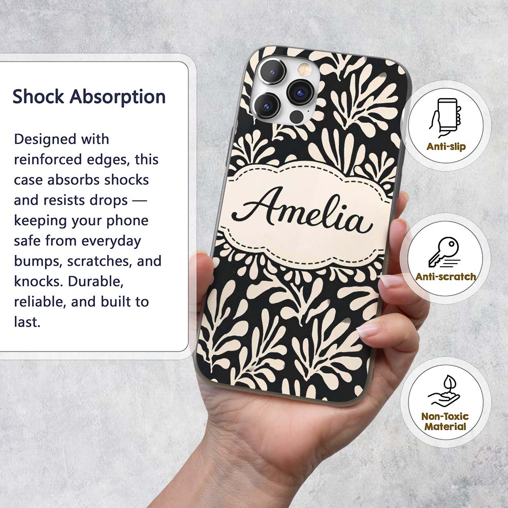 Botanical Leaf Silhouettes Black Cream Organic Custom Name Protective Phone Case Mobile Cover Durable Everyday Smartphone Shock Resistant