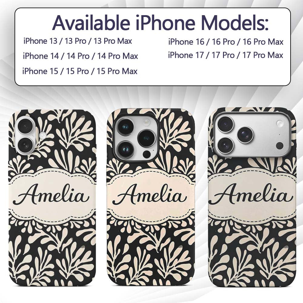 Botanical Leaf Silhouettes Black Cream Organic Custom Name Protective Phone Case Mobile Cover Durable Everyday Smartphone Shock Resistant