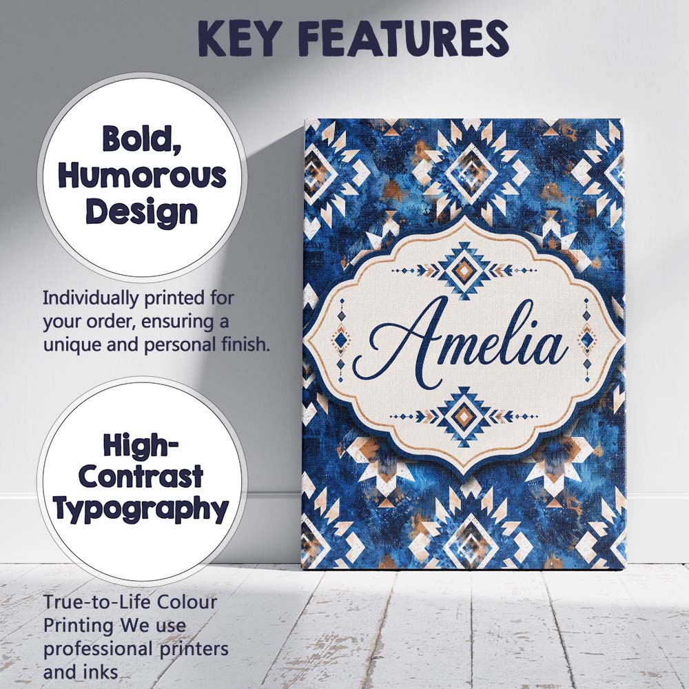 Personalised Name Deep Blue Artistic Tribal Custom Bespoke Interior Contemporary Canvas Wall Art Print Decor Picture Ready to Hang