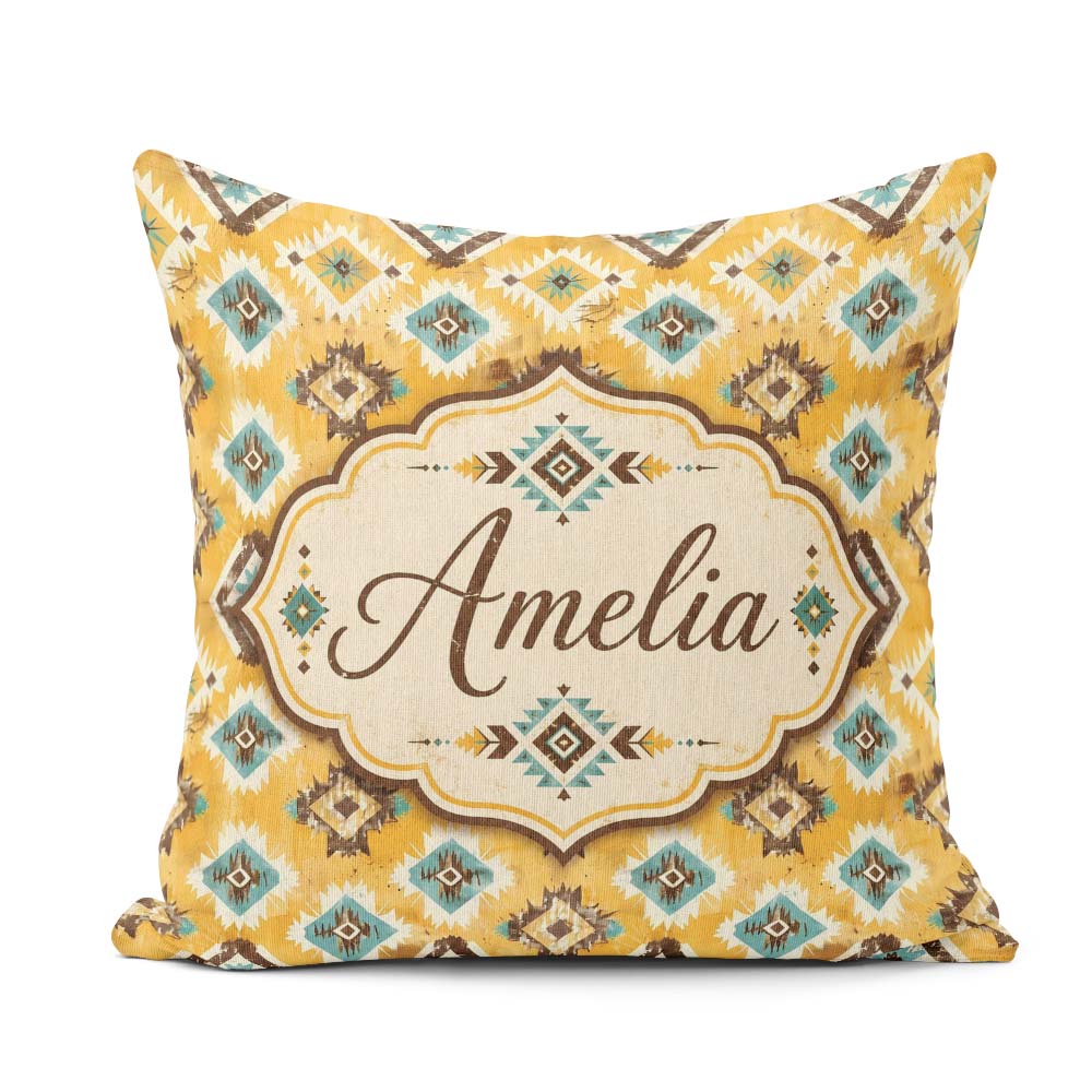 Custom Name Mustard Yellow Teal Aztec Geometric Seamless Pattern Square Filled Cushion Throw Pillow Sofa Bed Home Decor Zip Washable UK Made