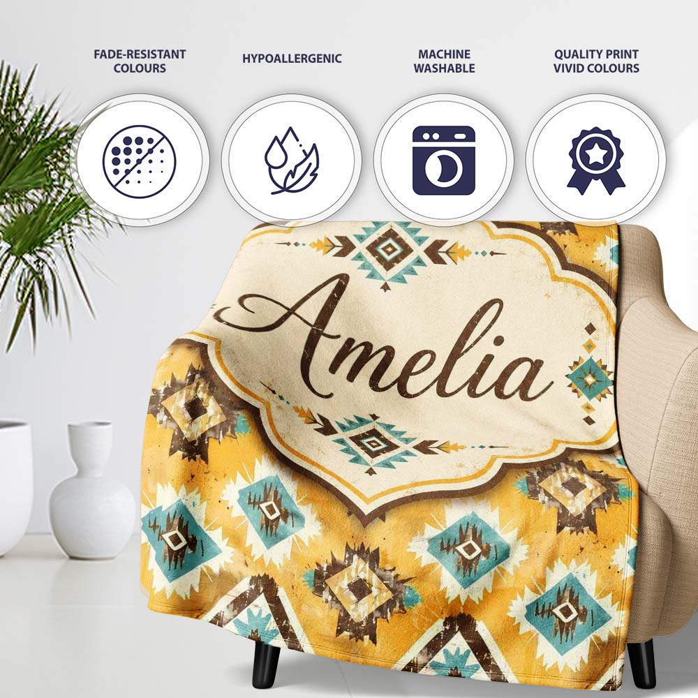 Mustard Yellow and Teal Aztec Geometric Tribal Seamless Pattern Personalised Custom Name Super Soft Fleece Blanket Bed Sofa Throw