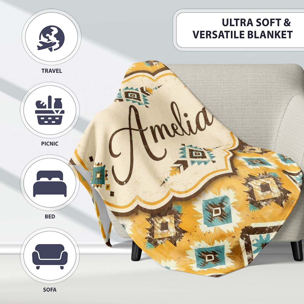 Mustard Yellow and Teal Aztec Geometric Tribal Seamless Pattern Personalised Custom Name Super Soft Fleece Blanket Bed Sofa Throw