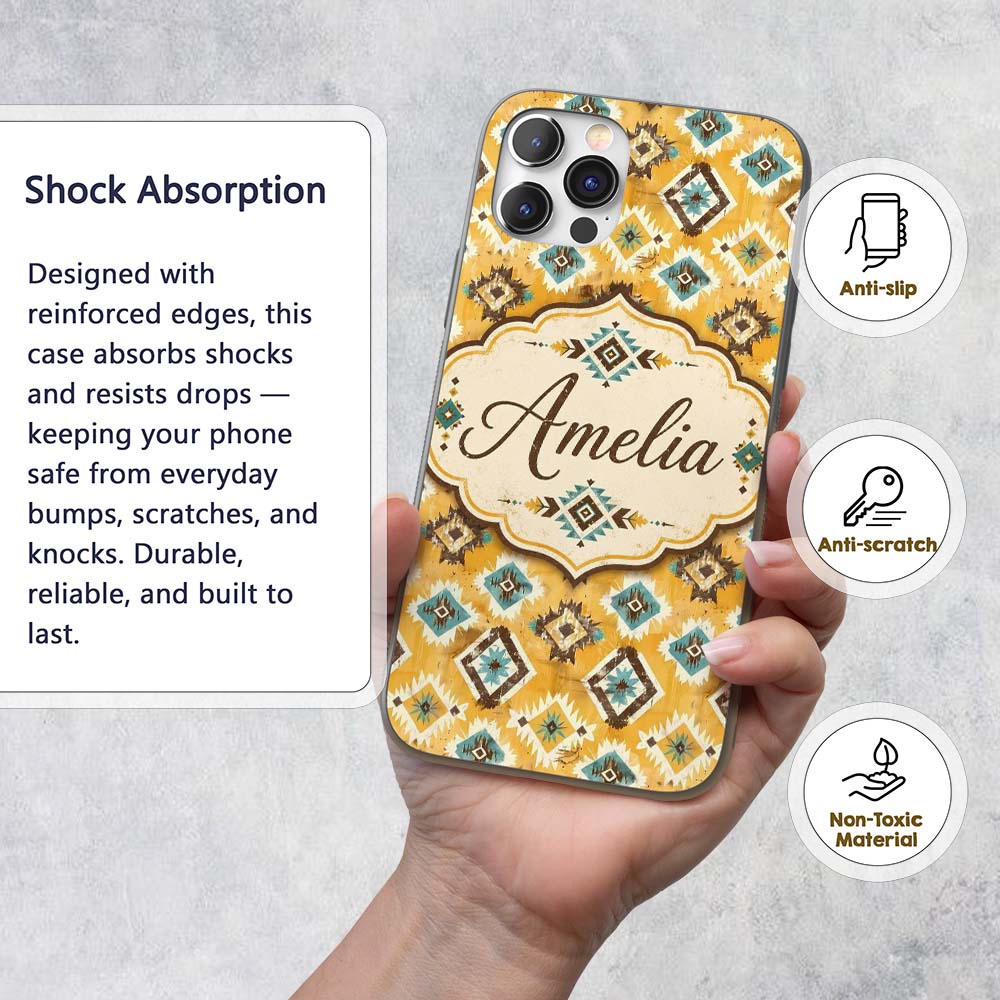 Mustard Yellow and Teal Aztec Geometric Tribal Custom Name Protective Phone Case Mobile Cover Durable Everyday Smartphone Shock Resistant