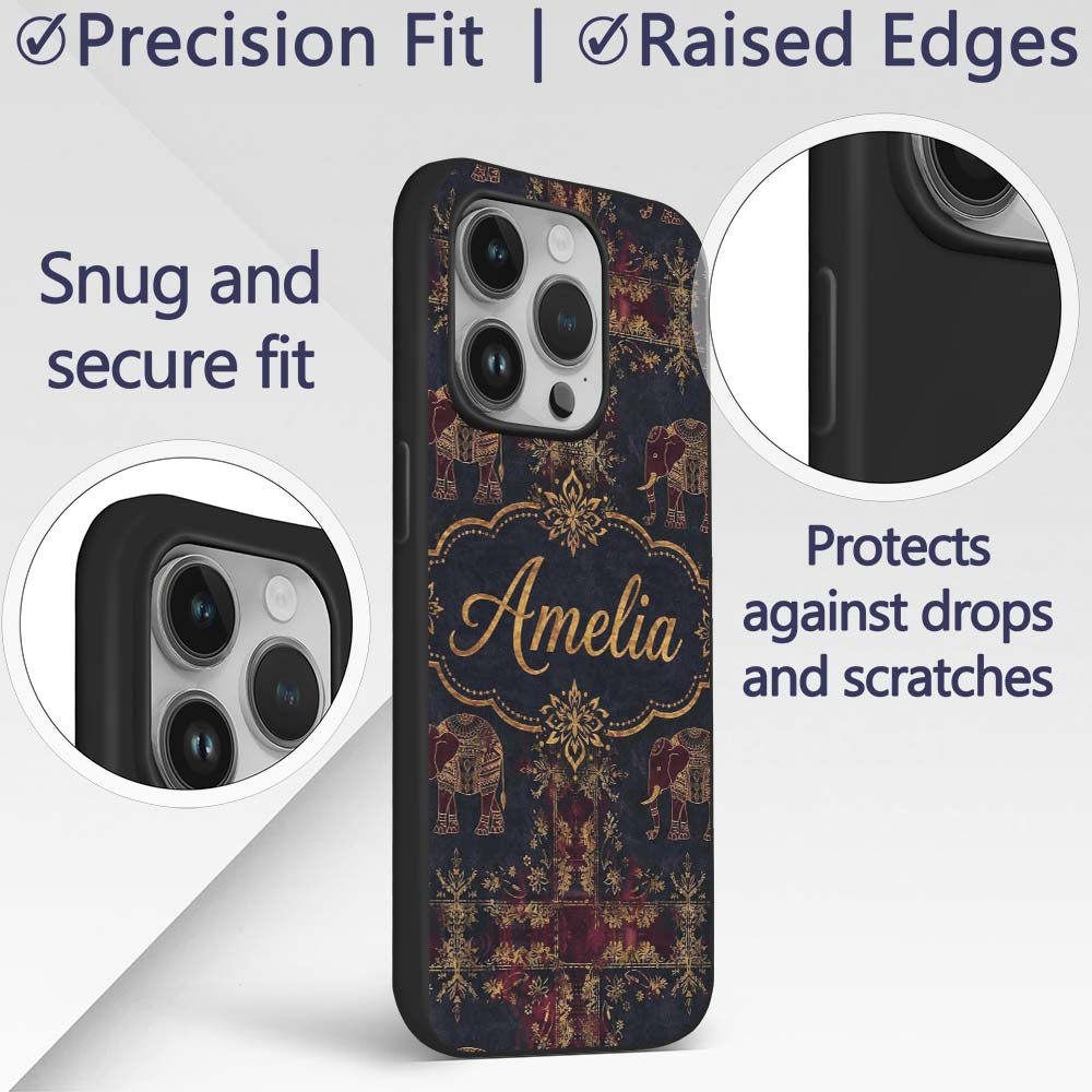 Ornate Gold Elephant and Floral Vintage Seamless Custom Name Protective Phone Case Mobile Cover Durable Everyday Smartphone Shock Resistant