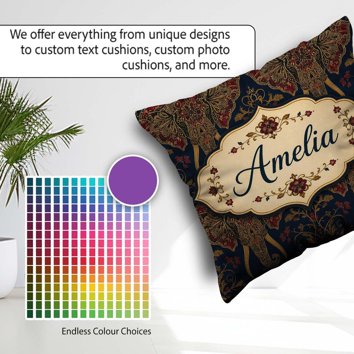 Custom Name Detailed Mandala Elephant Head Ornamental Seamless Square Filled Cushion Throw Pillow Sofa Bed Home Decor Zip Washable UK Made