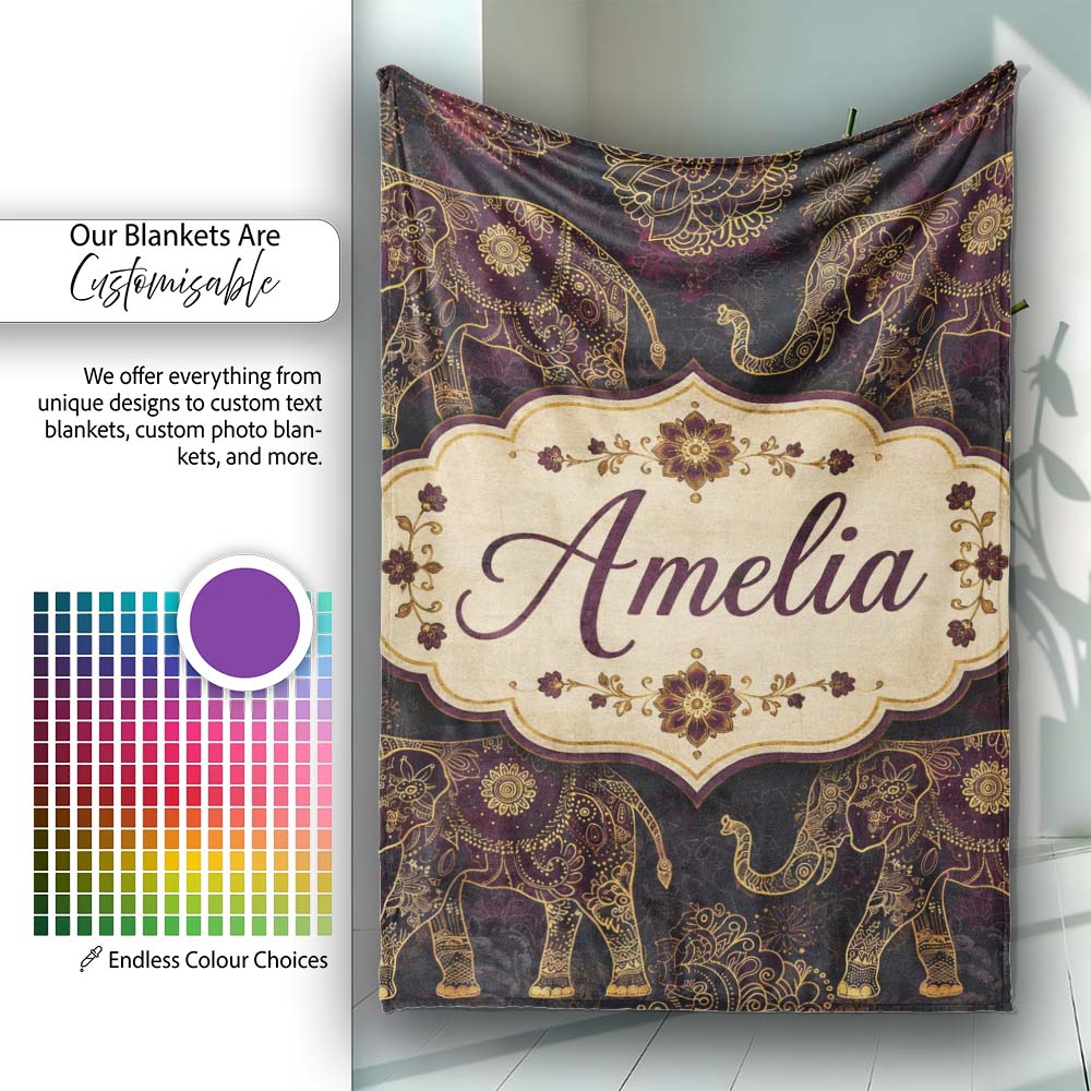 Elegant Gold Line Elephant and Paisley Seamless Pattern Lovely Personalised Custom Name Super Soft Fleece Blanket Bed Sofa Throw