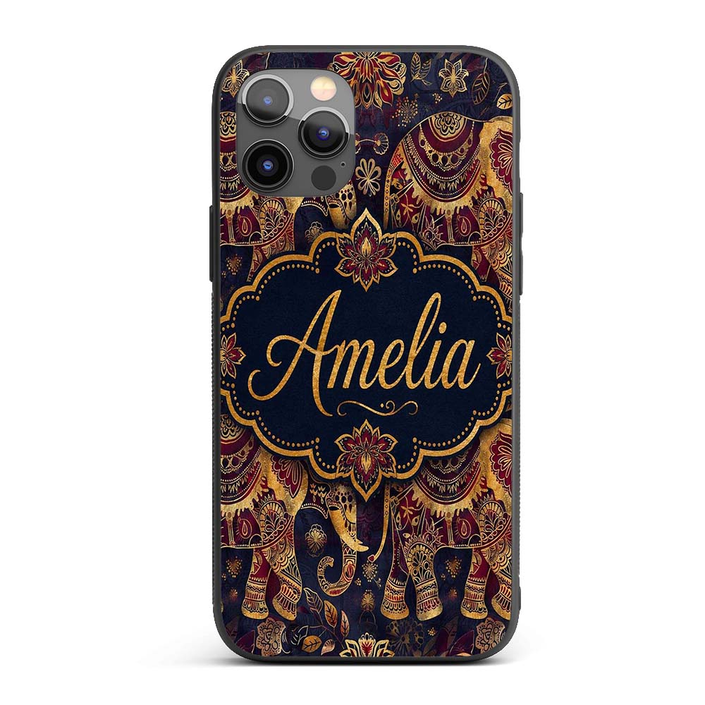 Rich Burgundy and Gold Elephant Ethnic Seamless Custom Name Protective Phone Case Mobile Cover Durable Everyday Smartphone Shock Resistant