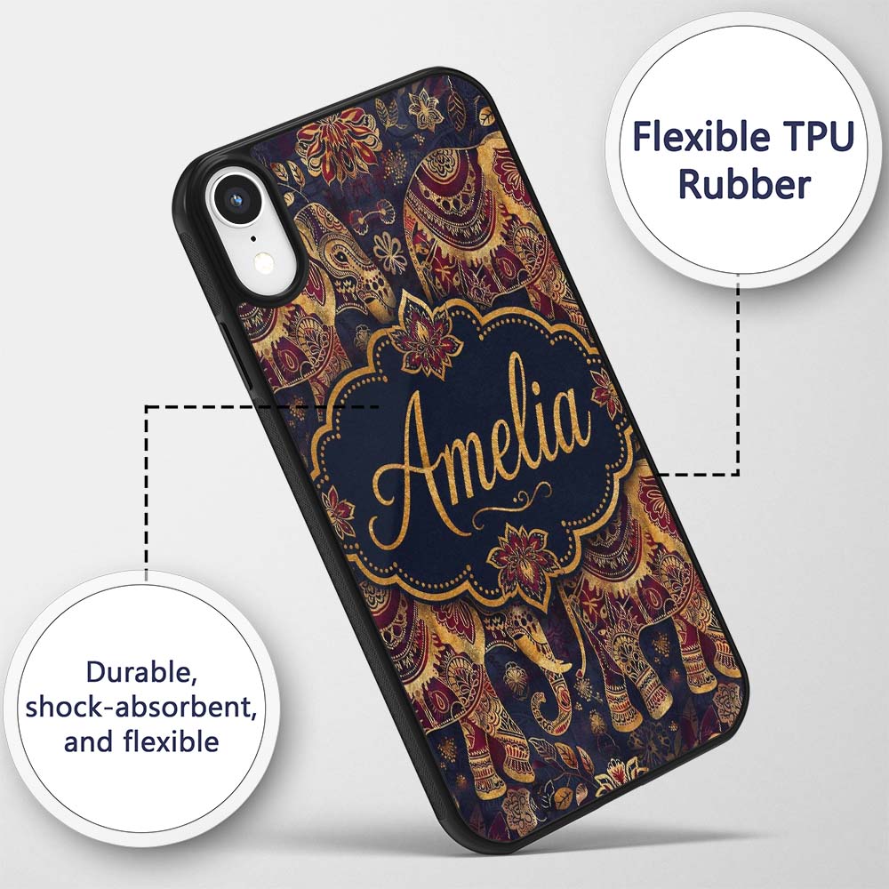 Rich Burgundy and Gold Elephant Ethnic Seamless Custom Name Protective Phone Case Mobile Cover Durable Everyday Smartphone Shock Resistant
