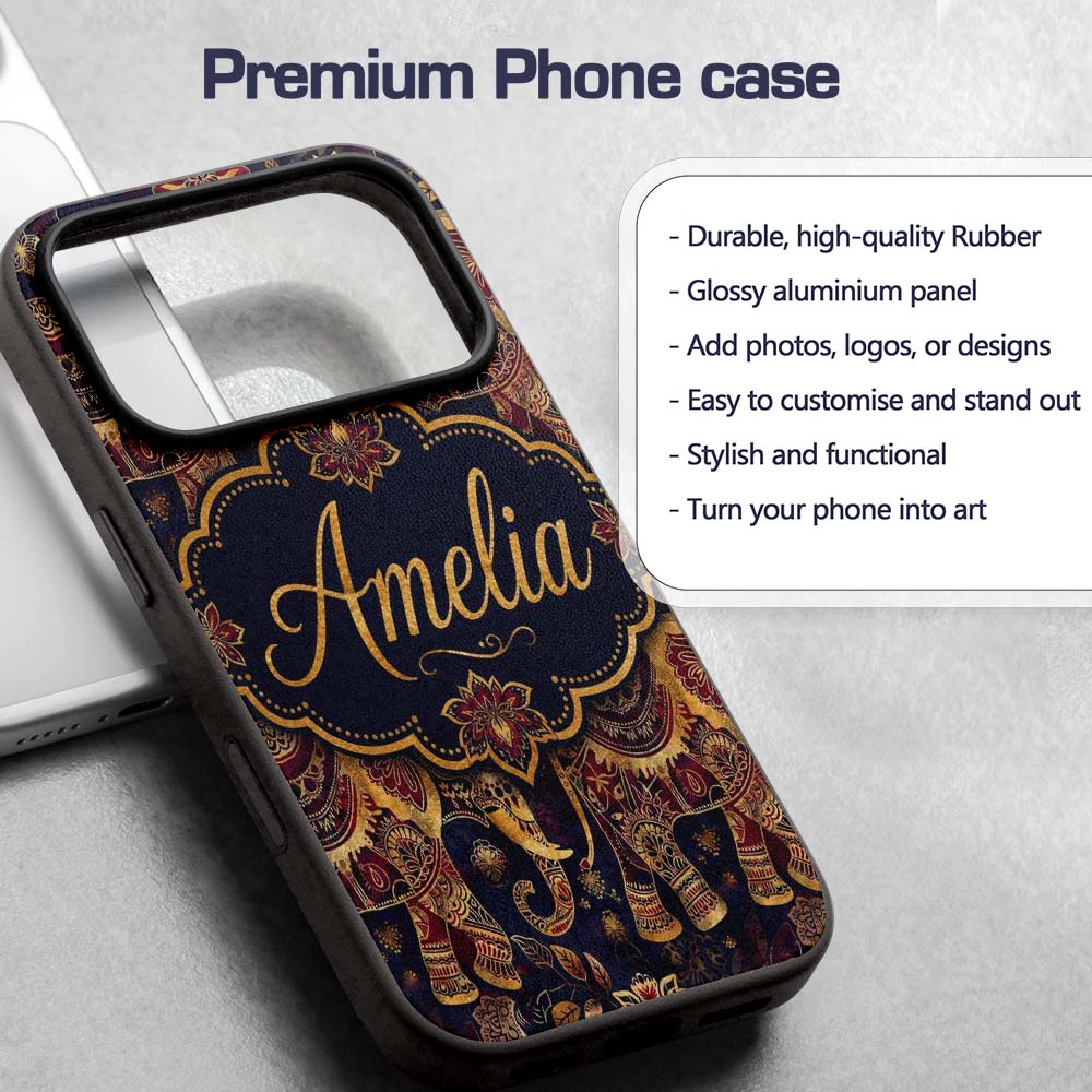Rich Burgundy and Gold Elephant Ethnic Seamless Custom Name Protective Phone Case Mobile Cover Durable Everyday Smartphone Shock Resistant