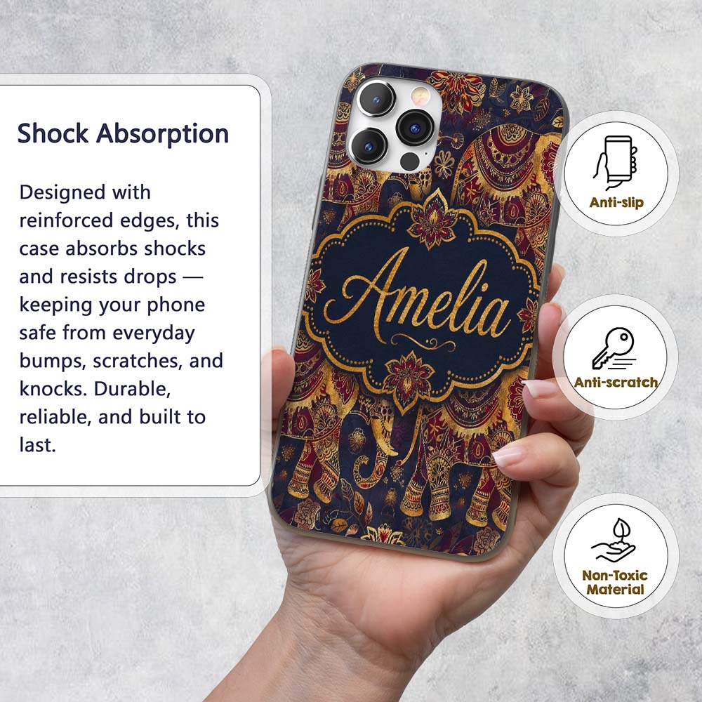 Rich Burgundy and Gold Elephant Ethnic Seamless Custom Name Protective Phone Case Mobile Cover Durable Everyday Smartphone Shock Resistant