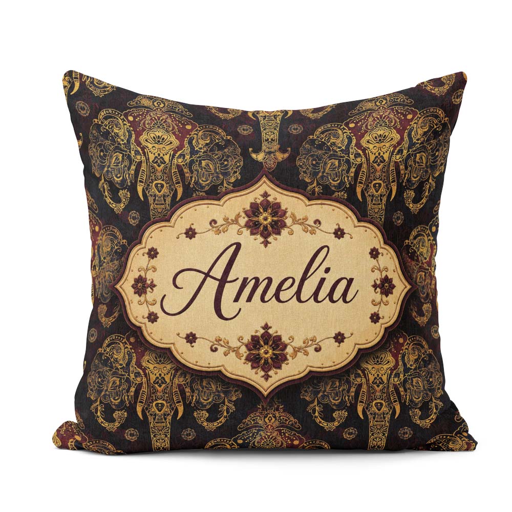 Custom Name Luxury Gold Elephant Floral Motif Seamless Pattern Square Filled Cushion Throw Pillow Sofa Bed Home Decor Zip Washable UK Made