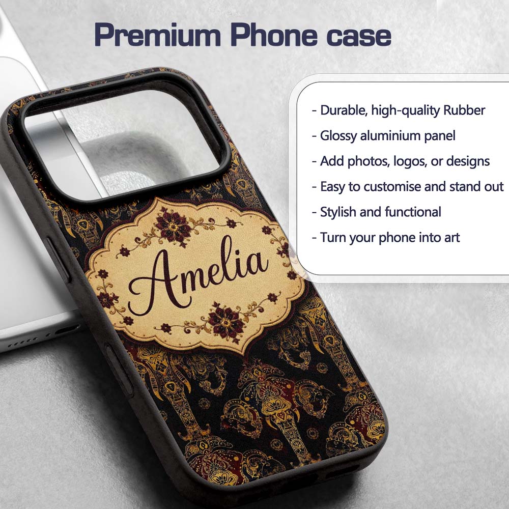 Luxury Gold Elephant with Floral Motif Seamless Custom Name Protective Phone Case Mobile Cover Durable Everyday Smartphone Shock Resistant