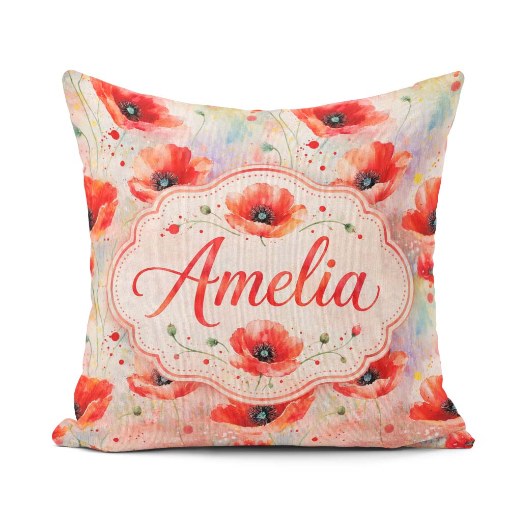 Custom Name Watercolor Red Poppy Flowers Soft Artistic Seamless Square Filled Cushion Throw Pillow Sofa Bed Home Decor Zip Washable UK Made