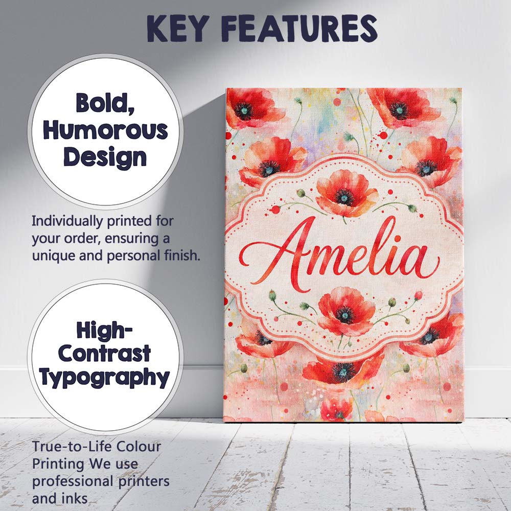 Personalised Name Watercolor Red Poppy Custom Modern Room Accent Elegant Feature Canvas Wall Art Print Decor Picture Ready to Hang