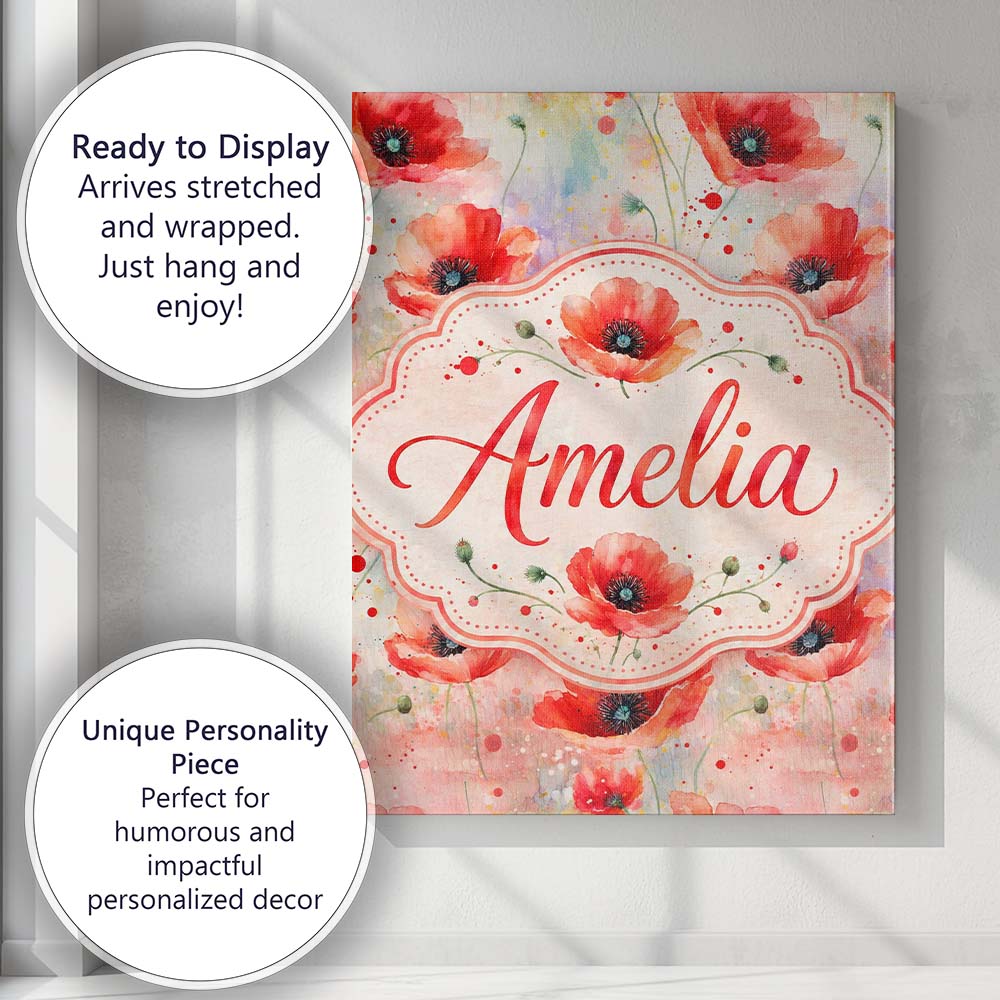 Personalised Name Watercolor Red Poppy Custom Modern Room Accent Elegant Feature Canvas Wall Art Print Decor Picture Ready to Hang