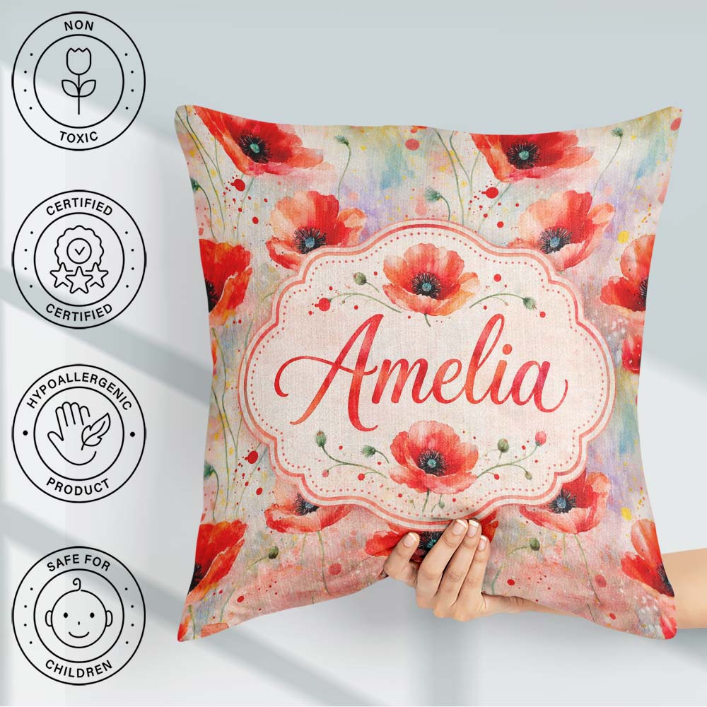 Custom Name Watercolor Red Poppy Flowers Soft Artistic Seamless Square Filled Cushion Throw Pillow Sofa Bed Home Decor Zip Washable UK Made