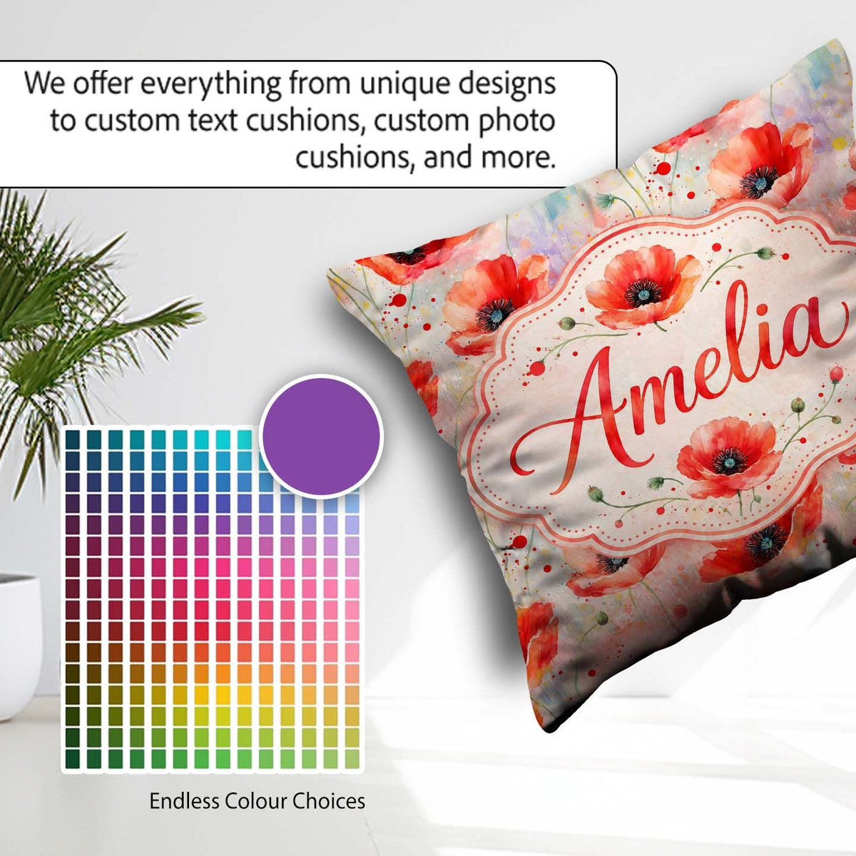 Custom Name Watercolor Red Poppy Flowers Soft Artistic Seamless Square Filled Cushion Throw Pillow Sofa Bed Home Decor Zip Washable UK Made