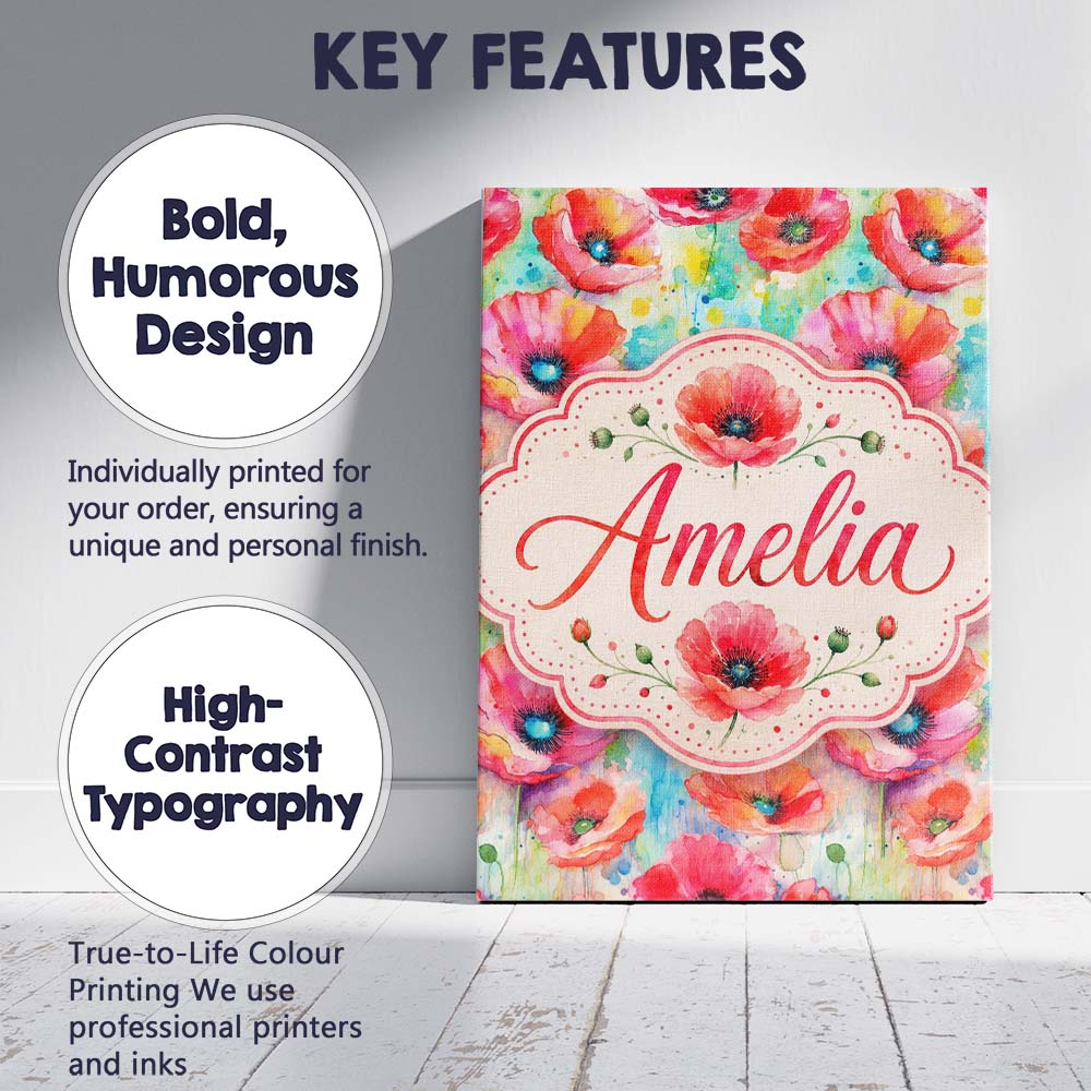 Personalised Name Vibrant Artistic Poppy Custom Unique Gift Idea Elegant Feature Canvas Wall Art Print Decor Picture Ready to Hang