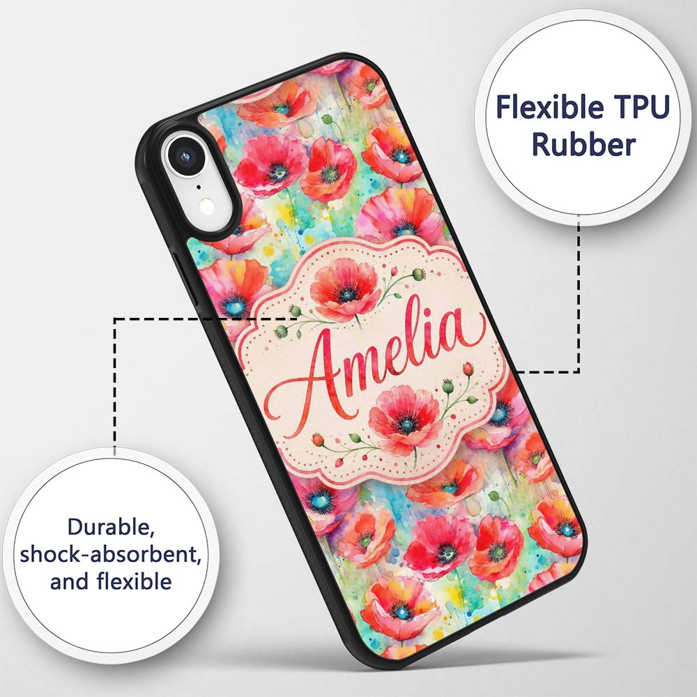 Vibrant Artistic Poppy Flowers with Color Splash Custom Name Protective Phone Case Mobile Cover Durable Everyday Smartphone Shock Resistant