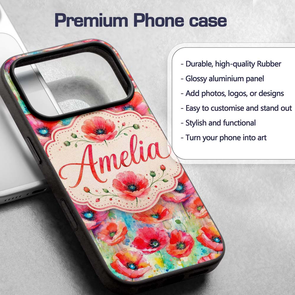 Vibrant Artistic Poppy Flowers with Color Splash Custom Name Protective Phone Case Mobile Cover Durable Everyday Smartphone Shock Resistant