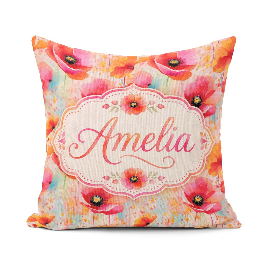 Custom Name Abstract Watercolor Poppy Bloom with Effect Seamless Square Filled Cushion Throw Pillow Sofa Bed Home Decor Zip Washable UK Made