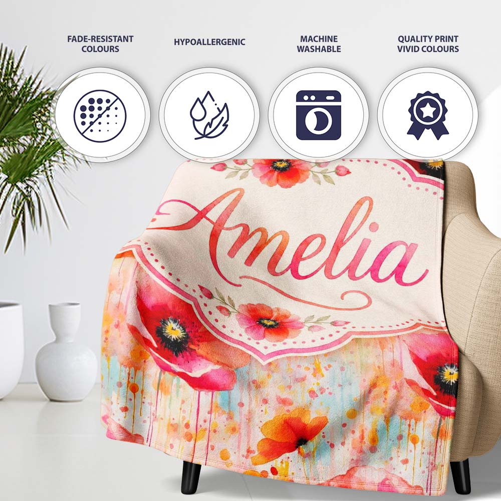 Abstract Watercolor Poppy Bloom with Drip Effect Seamless Pattern Personalised Custom Name Super Soft Fleece Blanket Bed Sofa Throw