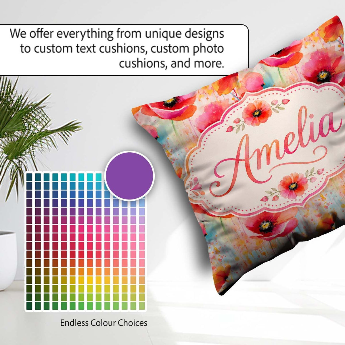 Custom Name Abstract Watercolor Poppy Bloom with Effect Seamless Square Filled Cushion Throw Pillow Sofa Bed Home Decor Zip Washable UK Made