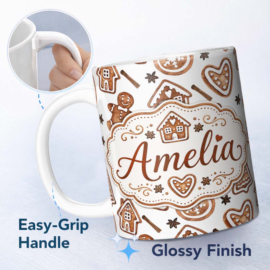 Personalized Custom Name Watercolor Gingerbread Cookies Star Anise Festive Seamless Pattern 11oz Ceramic Coffee Tea Mug White Large Handle