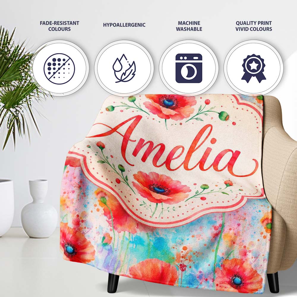 Bright Poppy Flowers on Soft Blue Watercolor Background Seamless Personalised Custom Name Super Soft Fleece Blanket Bed Sofa Throw