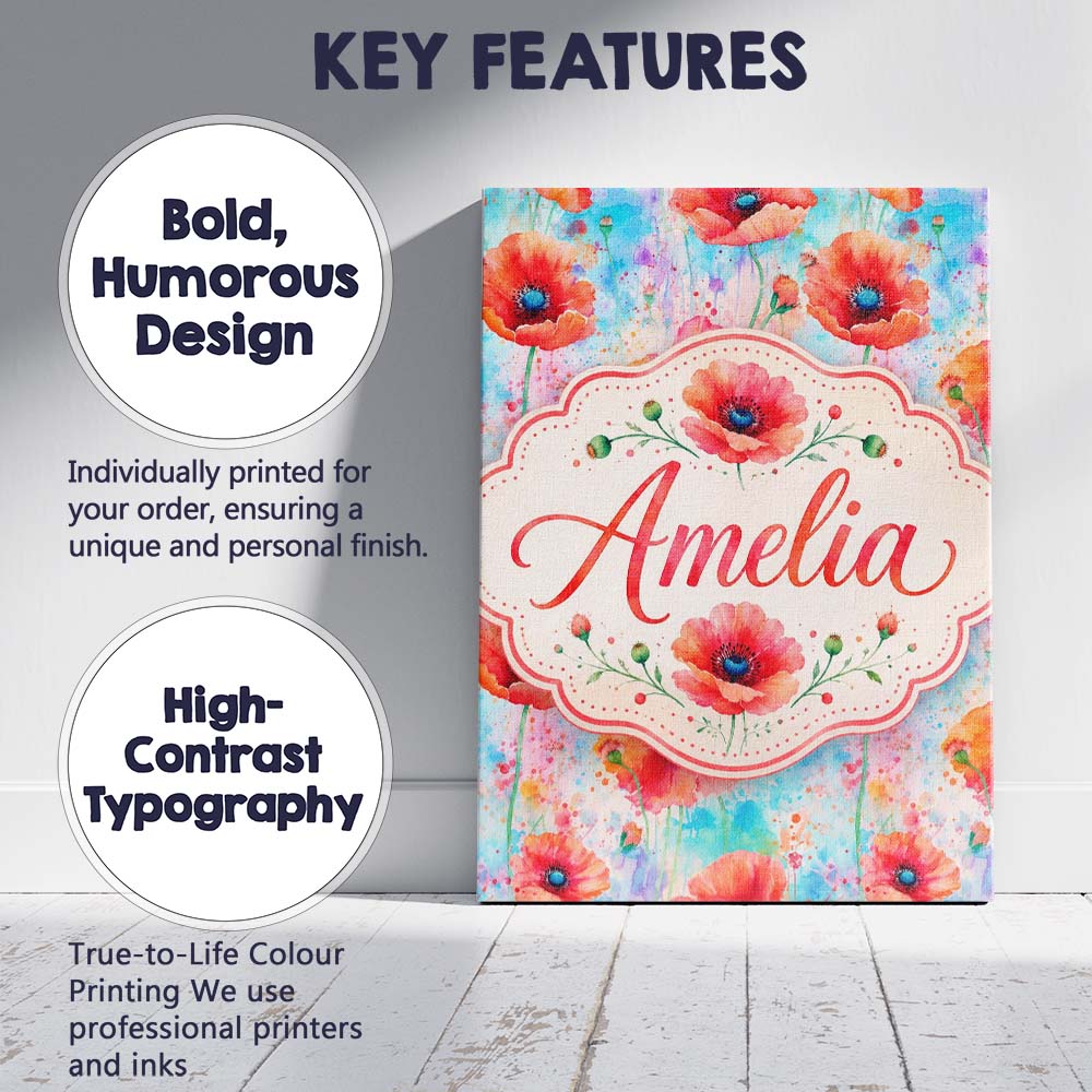 Personalised Name Bright Poppy Flowers on Custom Unique Gift Idea Elegant Feature Canvas Wall Art Print Decor Picture Ready to Hang