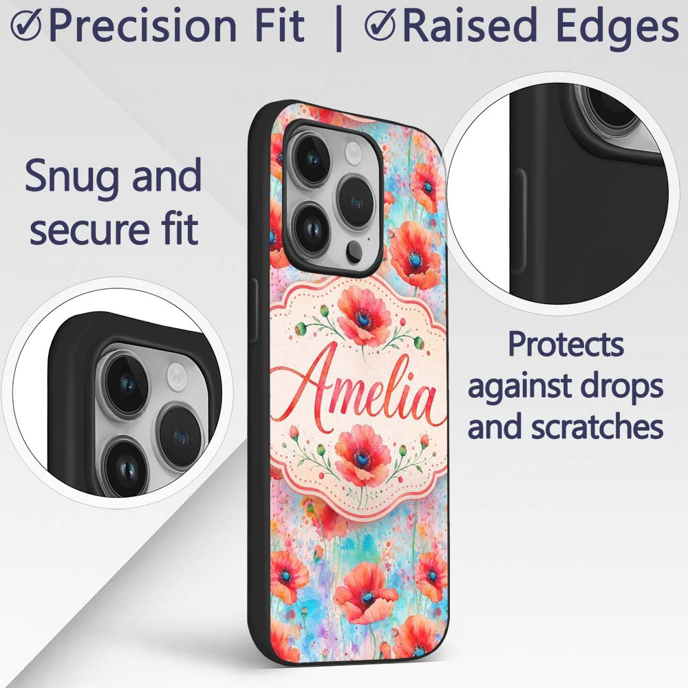 Bright Poppy Flowers on Soft Blue Watercolor Custom Name Protective Phone Case Mobile Cover Durable Everyday Smartphone Shock Resistant