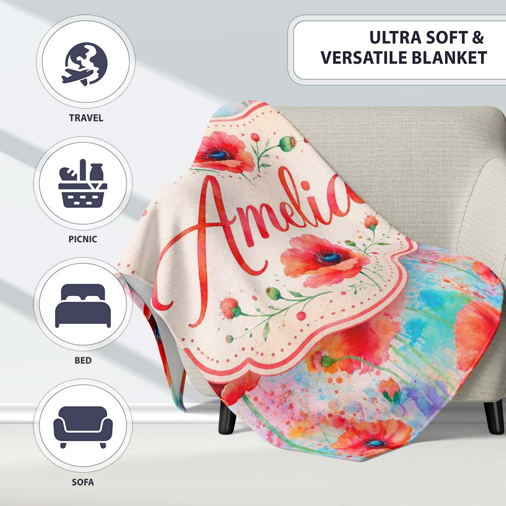 Bright Poppy Flowers on Soft Blue Watercolor Background Seamless Personalised Custom Name Super Soft Fleece Blanket Bed Sofa Throw