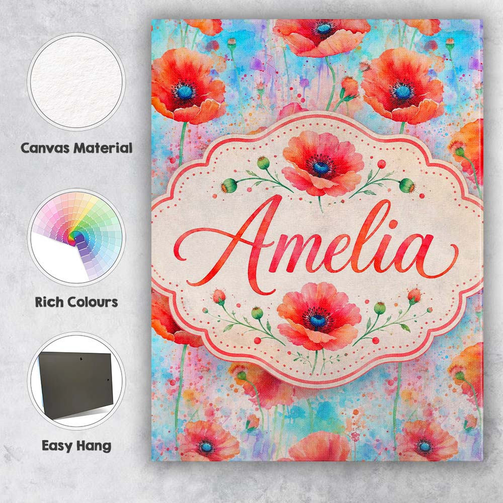 Personalised Name Bright Poppy Flowers on Custom Unique Gift Idea Elegant Feature Canvas Wall Art Print Decor Picture Ready to Hang