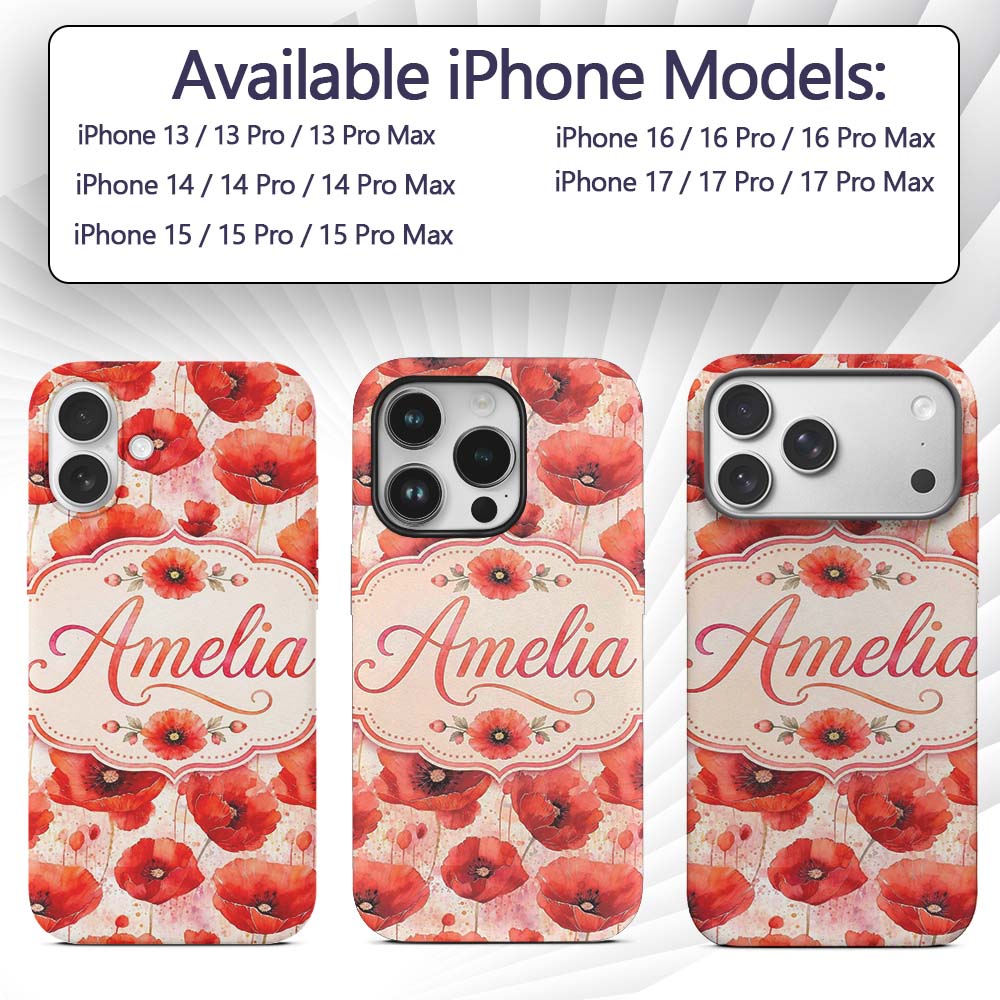 Delicate Red Poppy Floral Watercolor Seamless Custom Name Protective Phone Case Mobile Cover Durable Everyday Smartphone Shock Resistant